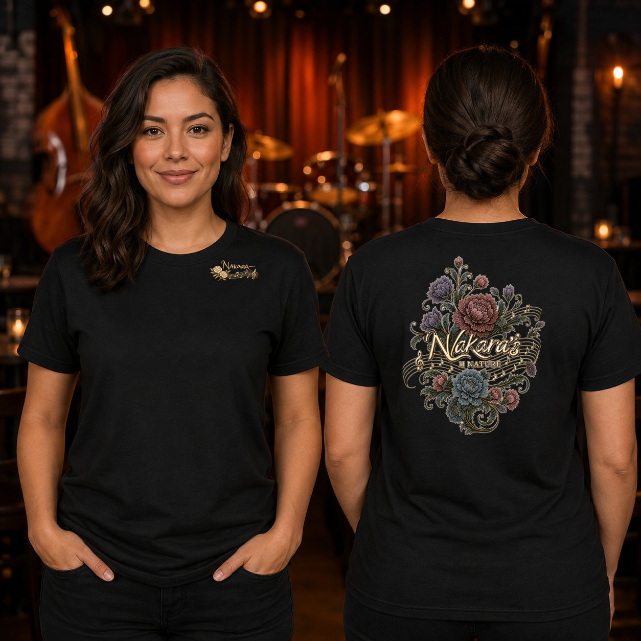 Floral music tee — front and back
